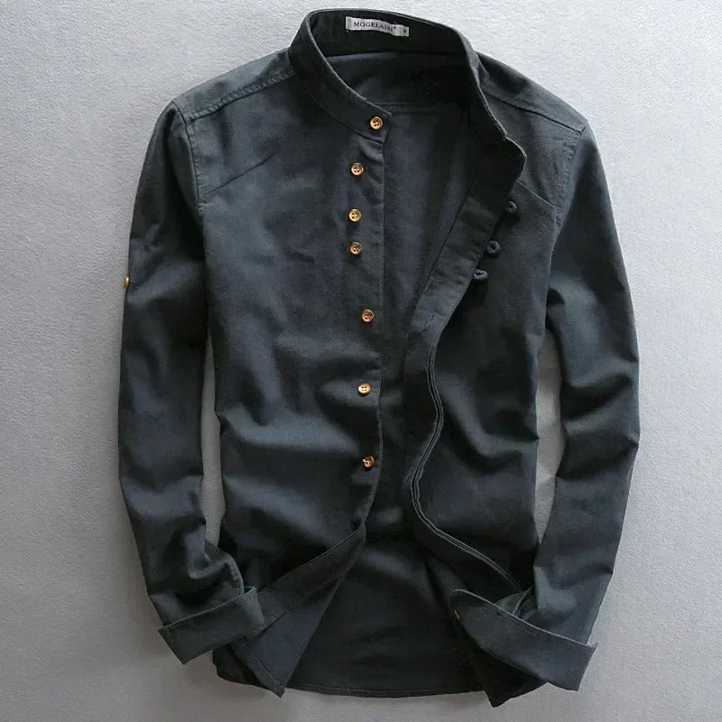 Ravi Men’s Linen Shirt – Long Sleeve Mandarin Collar Casual Wear