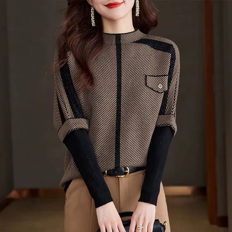 Marissa Women’s Knit Sweater – Soft High-Neck Pullover with Stripe Detail