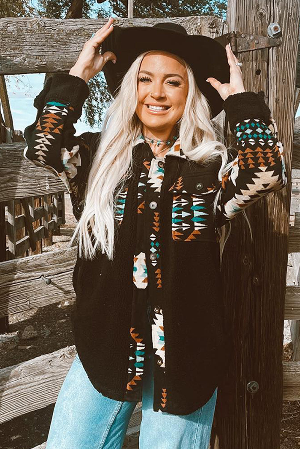 Black Fleece Shacket with Aztec Print - Trendy and Comfortable