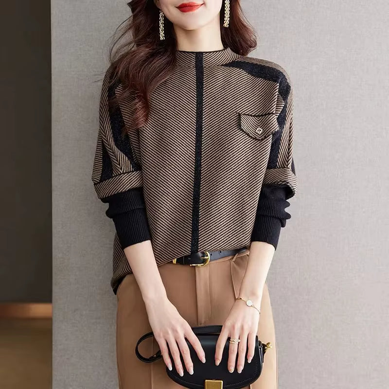 Marissa Women’s Knit Sweater – Soft High-Neck Pullover with Stripe Detail