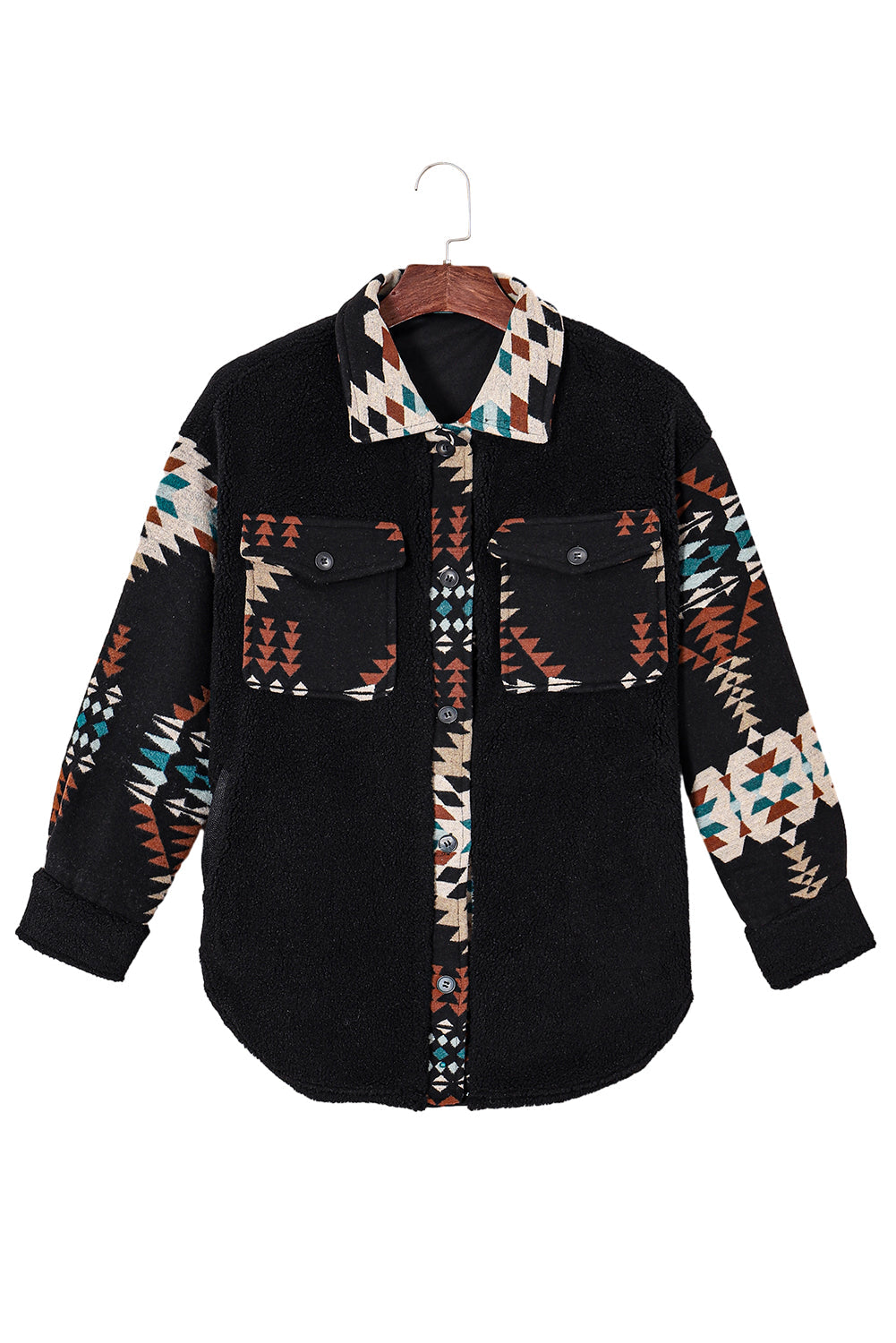 Black Fleece Shacket with Aztec Print - Trendy and Comfortable