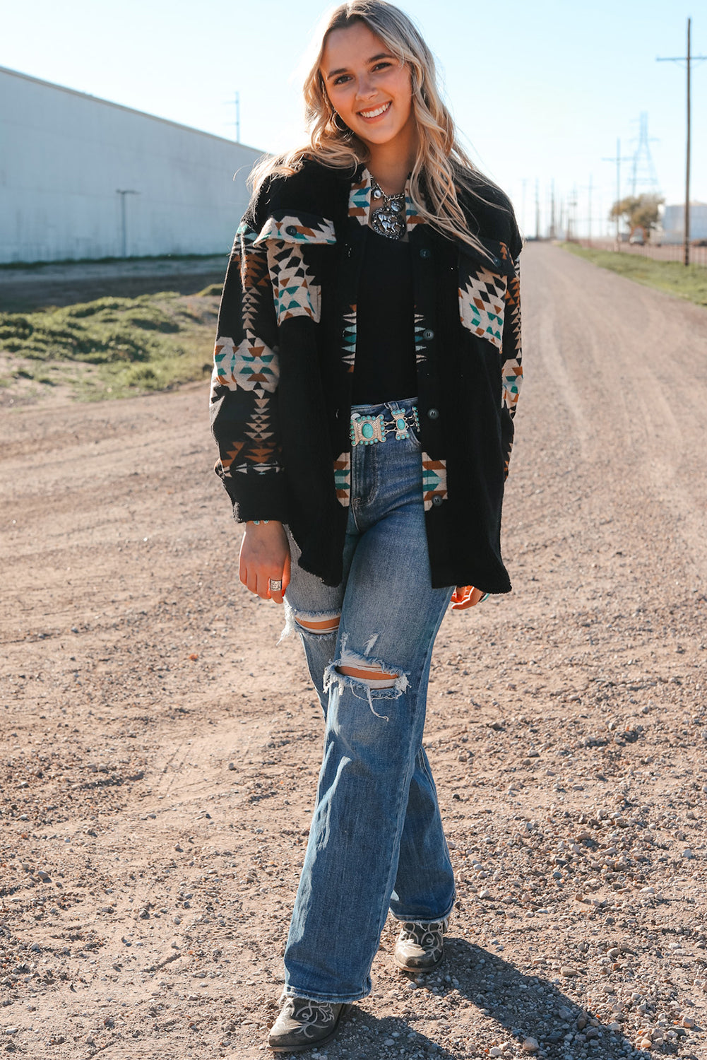 Black Fleece Shacket with Aztec Print - Trendy and Comfortable