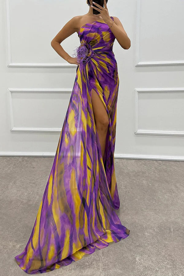 Sierra One-Shoulder Maxi Dress – Bold Print with Side Slit for Summer Events