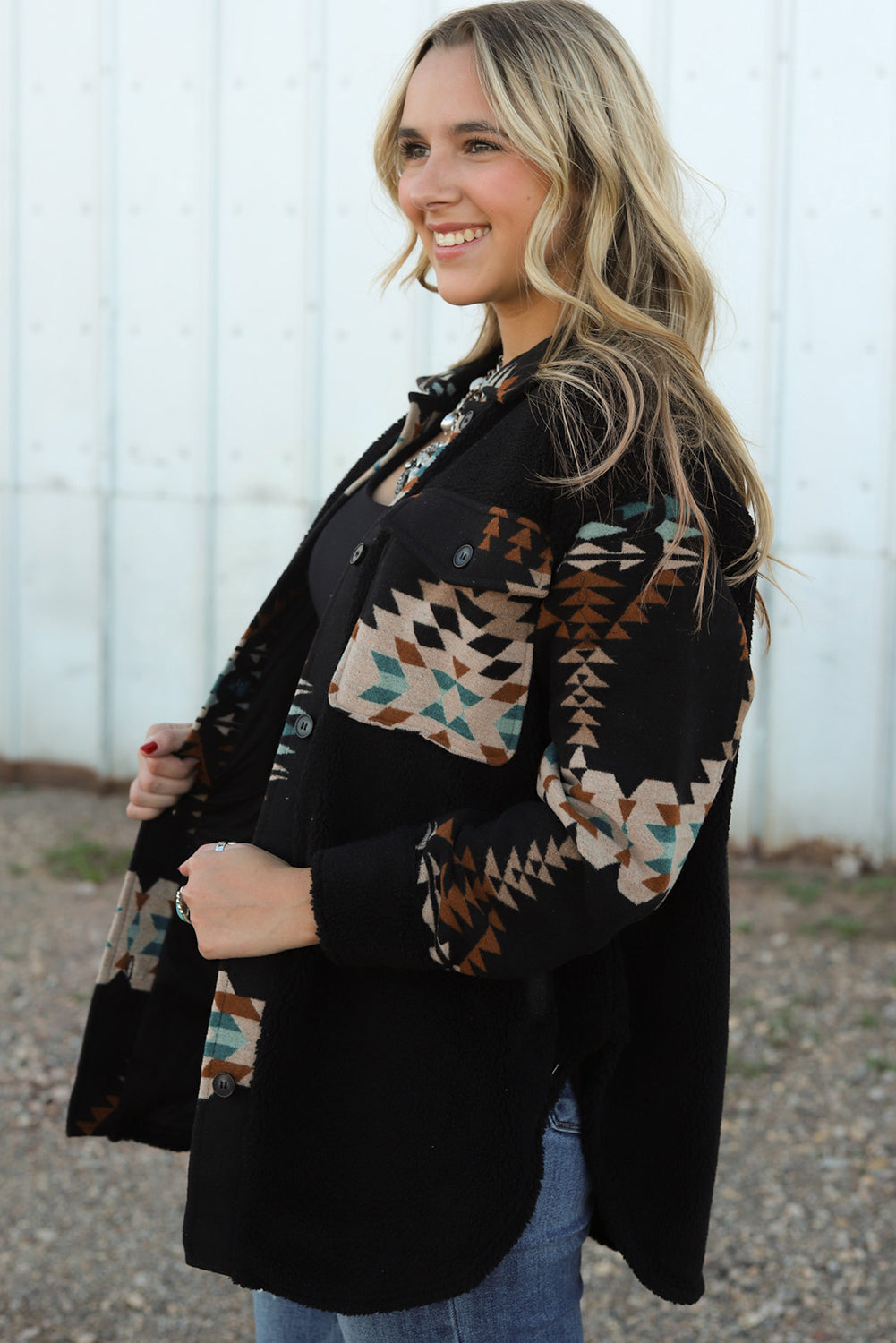 Black Fleece Shacket with Aztec Print - Trendy and Comfortable