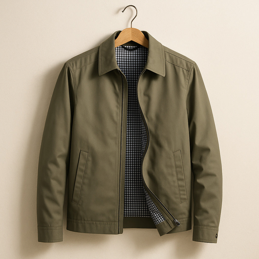 Fraser Lightweight Jacket – Men’s Twill Harrington with Gingham Lining & Slim Fit