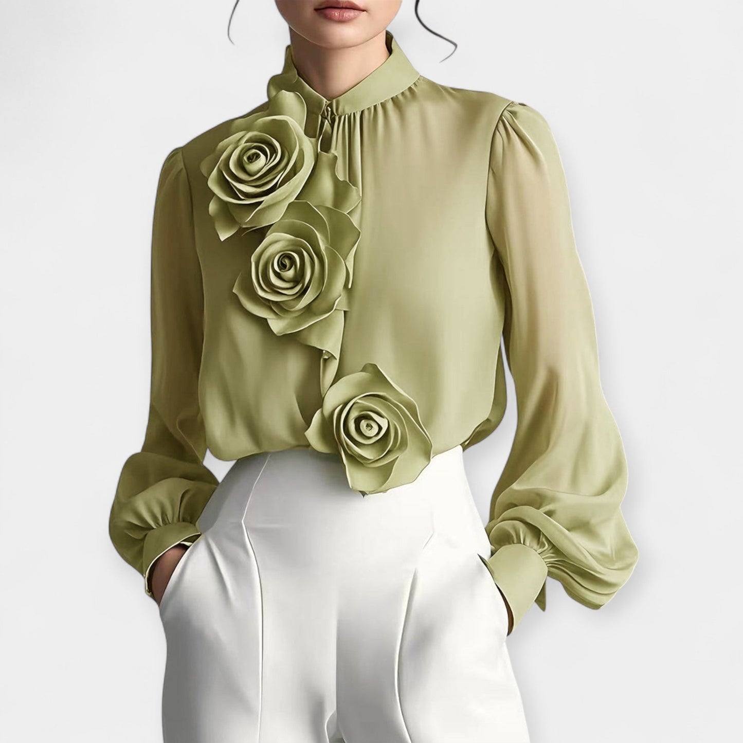 Althea Chiffon Blouse – 3D Rose Detail & Relaxed Fit