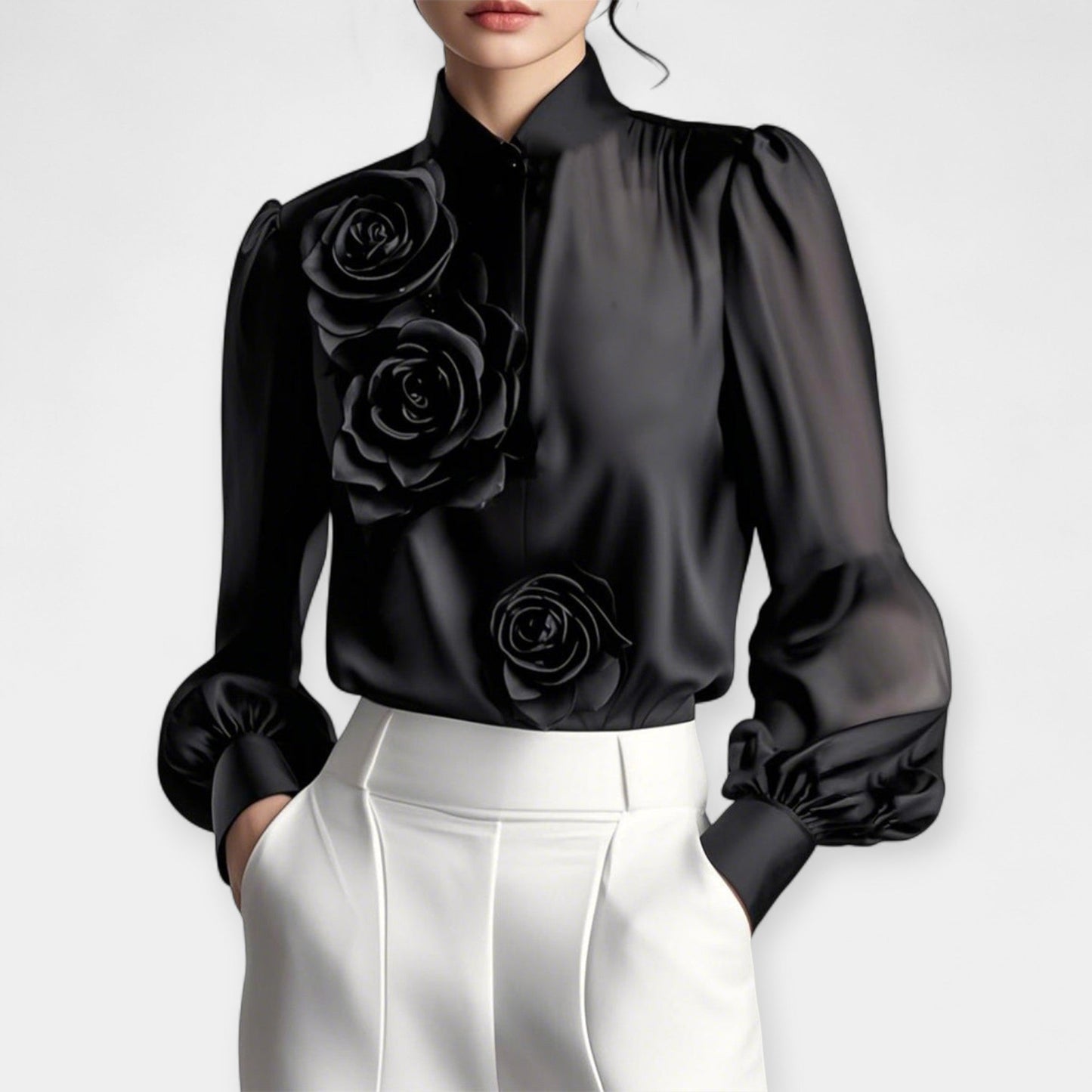 Althea Chiffon Blouse – 3D Rose Detail & Relaxed Fit