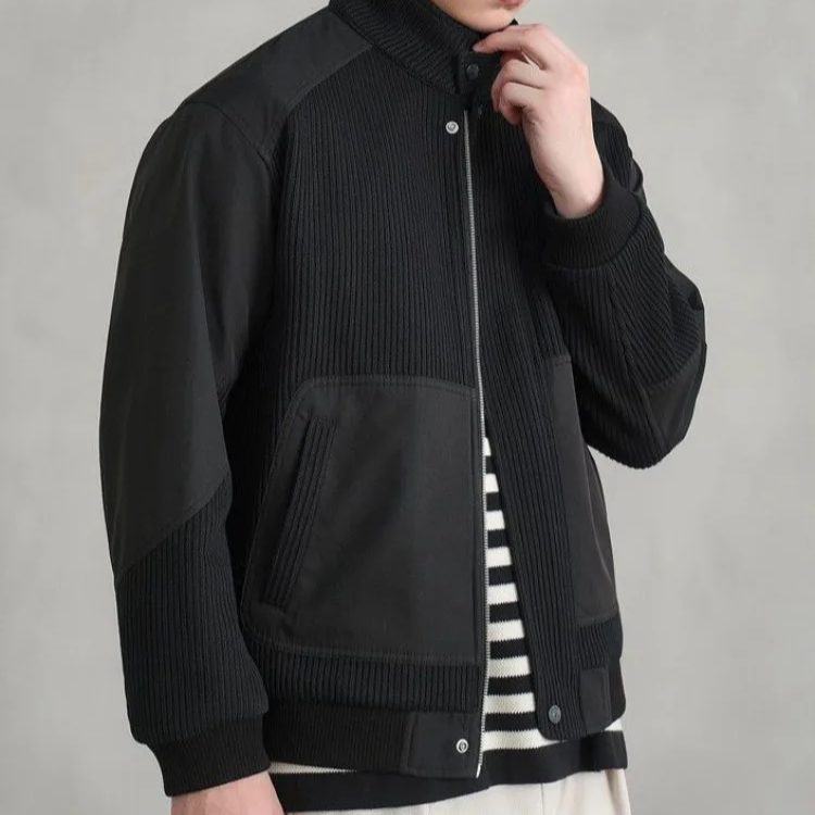 Harrington Stand Collar Men’s Patchwork Jacket – Corduroy & Woven Panel Contrast