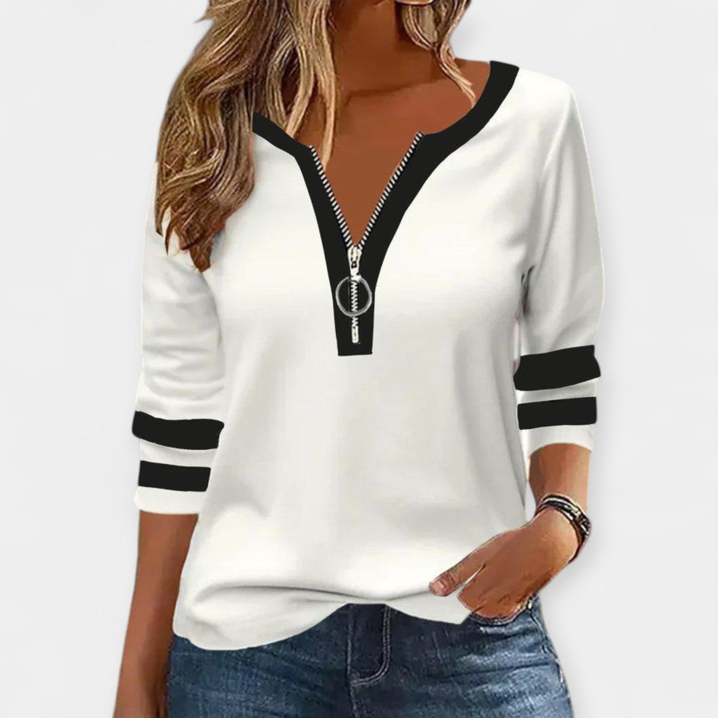 Cecilia Women’s Long Sleeve Blouse – Zip-Up V-Neck with Colour Block Design