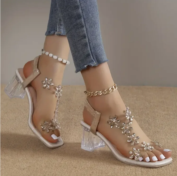 Seraphina Women’s Sandals – Rhinestone Block Heel with Cushioned Support