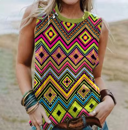 3D Geometric Tank Top in Western Ethnic Design