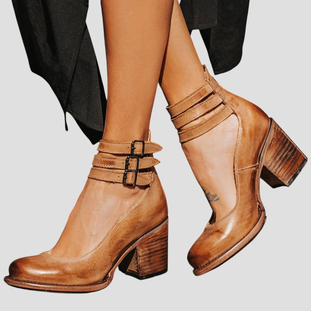 Emely Women’s Leather Sandals – Full-Grain Block Heel with Ankle Straps