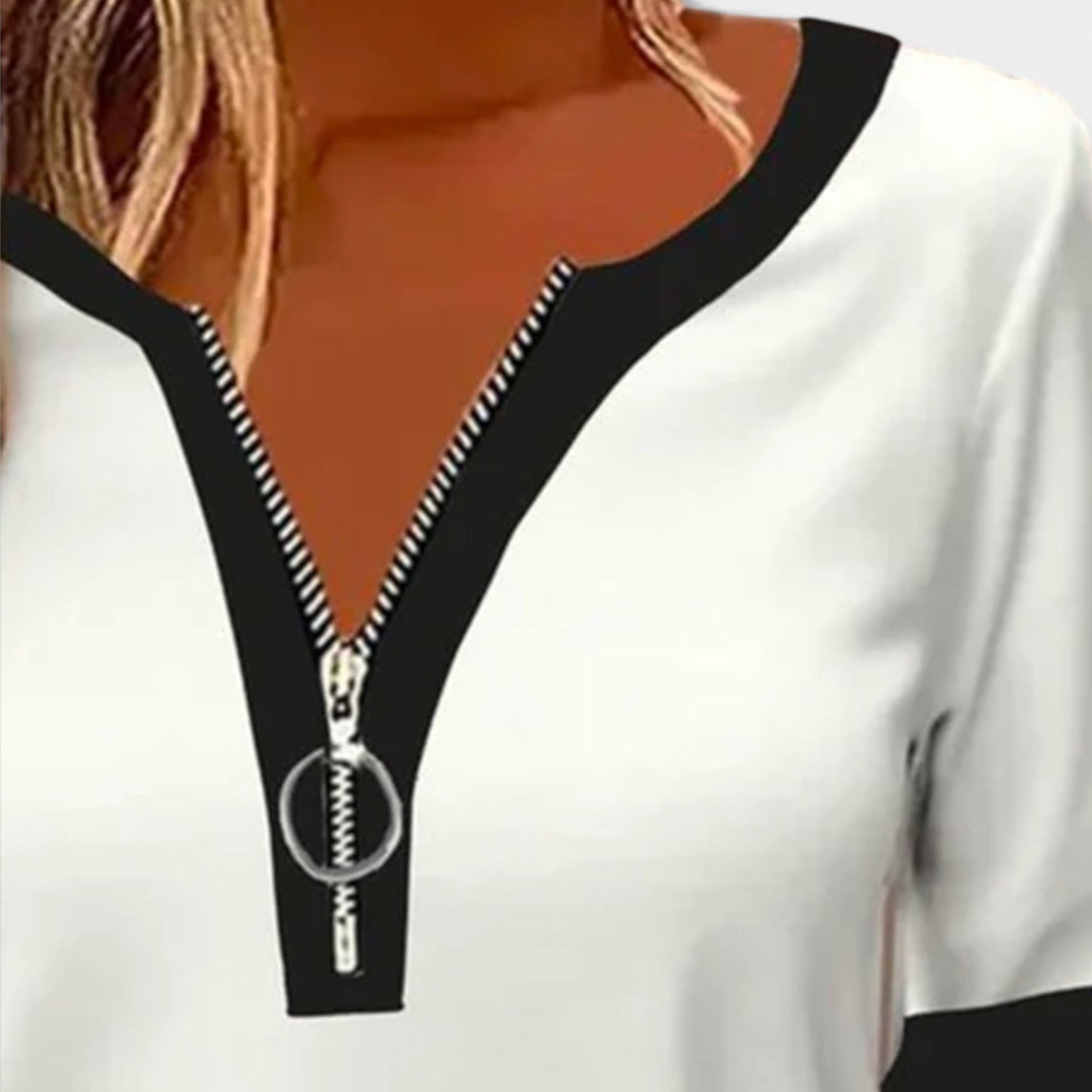 Cecilia Women’s Long Sleeve Blouse – Zip-Up V-Neck with Colour Block Design