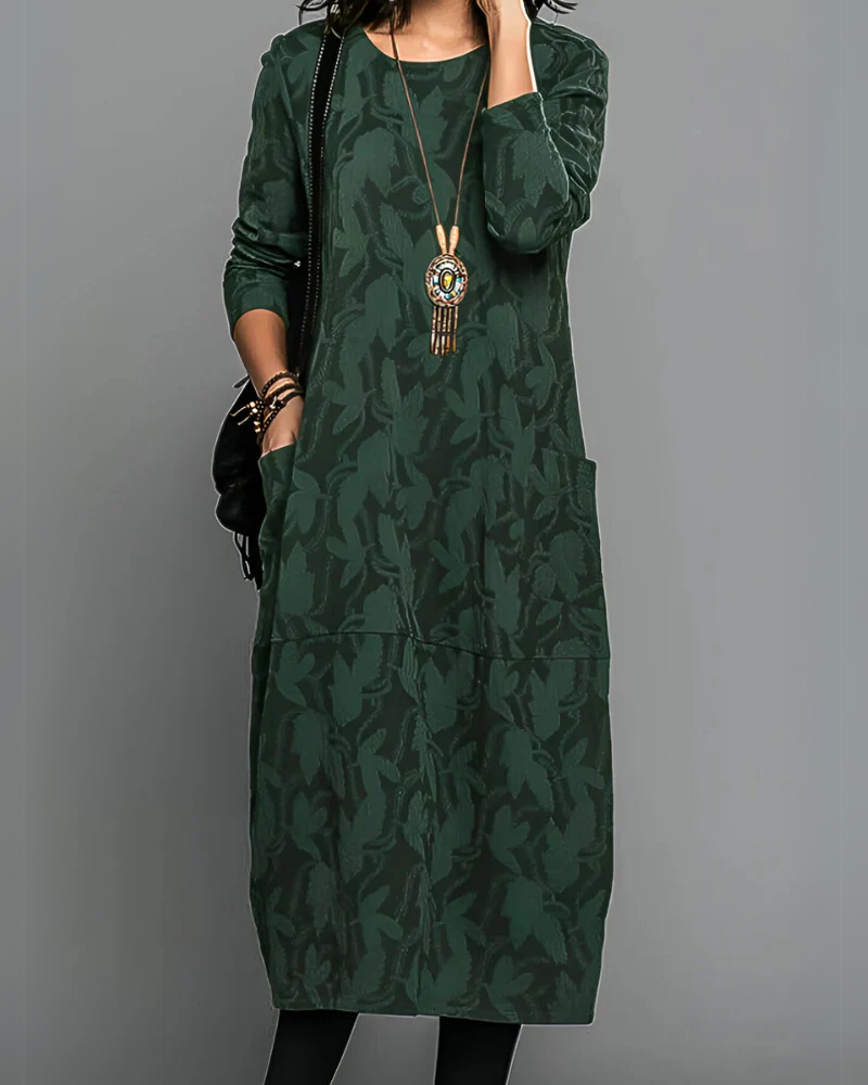 Elira Elegant Maxi Dress – Long Sleeve Winter Fit with Side Pockets