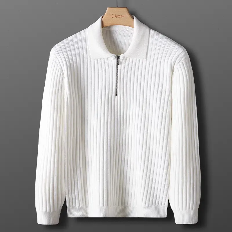 Isaac Men’s Polo Sweater – Fine Ribbed Knit with Quarter Zip Collar