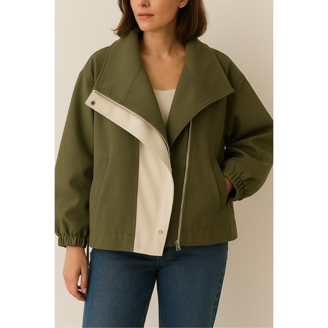 Isla Patchwork Hooded Jacket – Women’s Lightweight Jacket with Turtleneck & Adjustable Fit