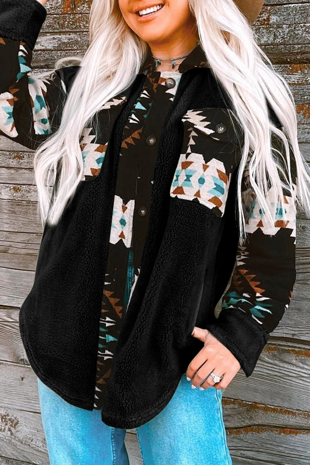 Black Fleece Shacket with Aztec Print - Trendy and Comfortable