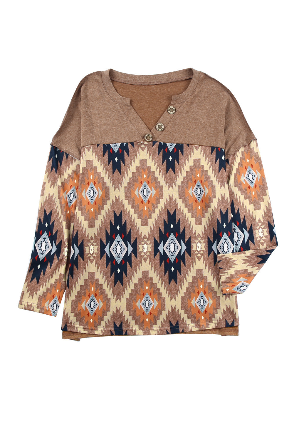 Stylish Brown V-Neck Western Top with Aztec Print