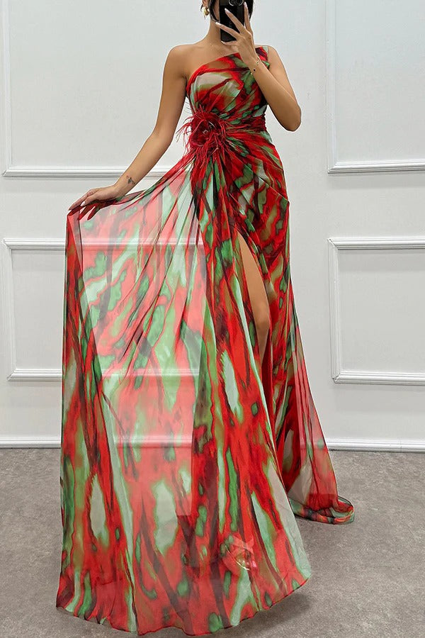Sierra One-Shoulder Maxi Dress – Bold Print with Side Slit for Summer Events