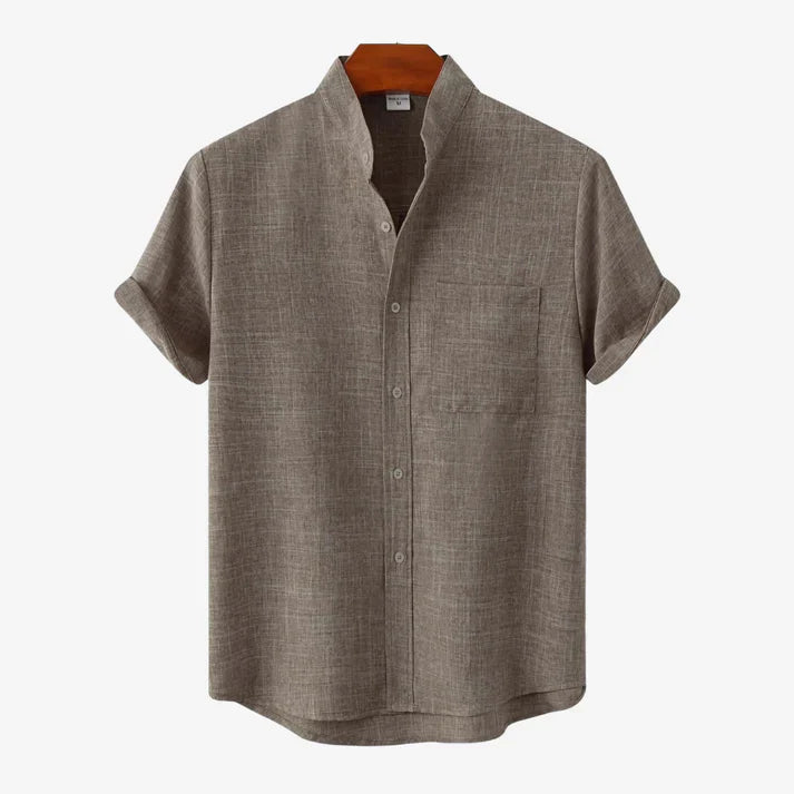 Leonard Men’s Linen Shirt – Collarless Short Sleeve Button-Up for Summer