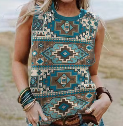 3D Geometric Tank Top in Western Ethnic Design