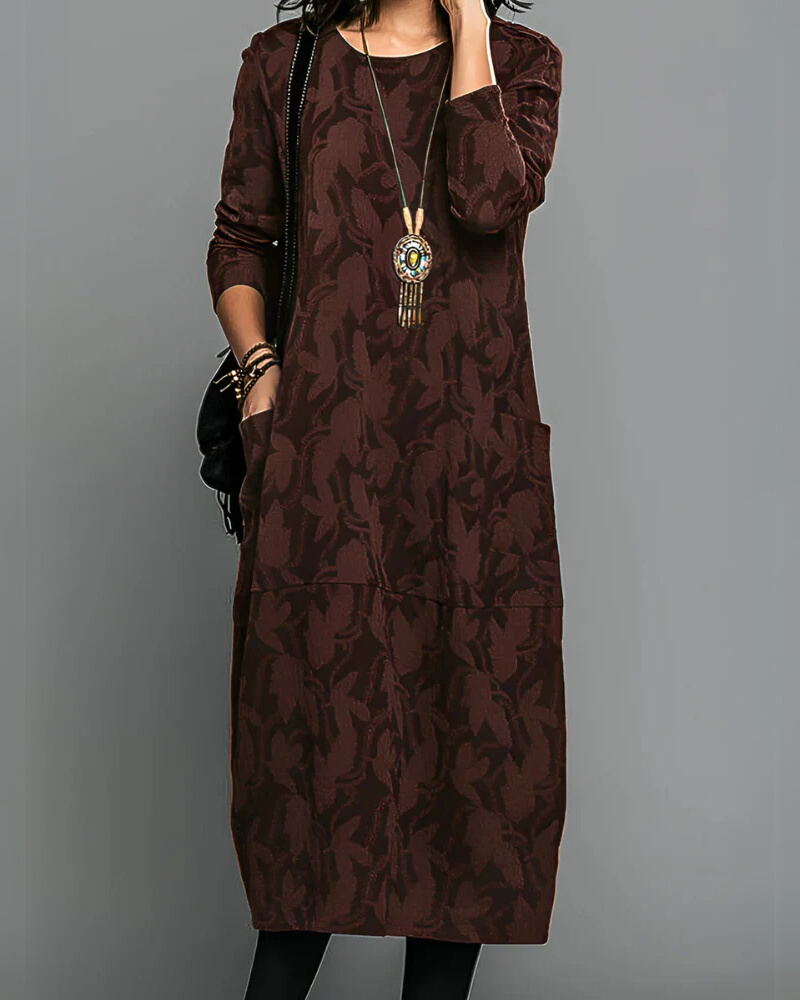 Elira Elegant Maxi Dress – Long Sleeve Winter Fit with Side Pockets