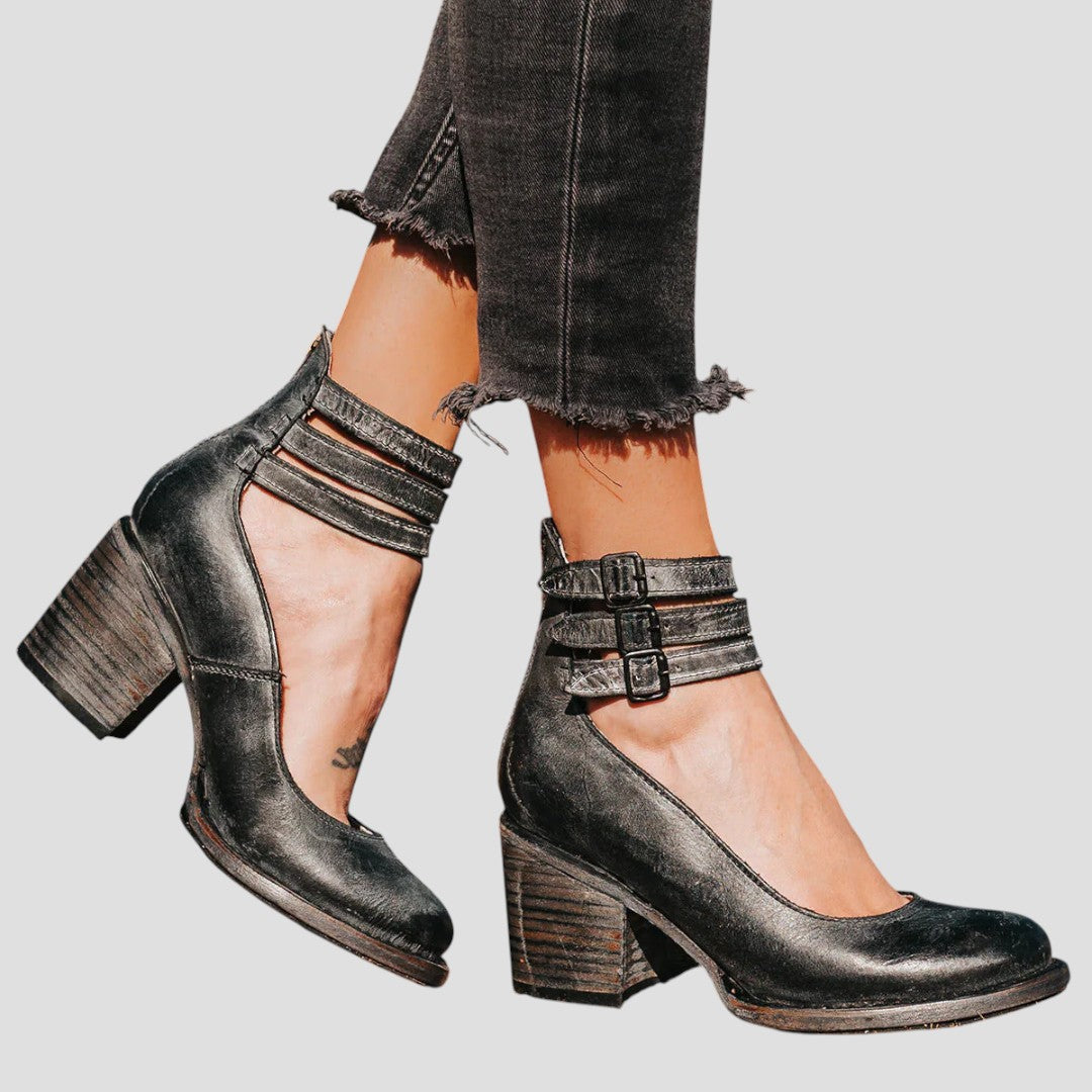 Emely Women’s Leather Sandals – Full-Grain Block Heel with Ankle Straps