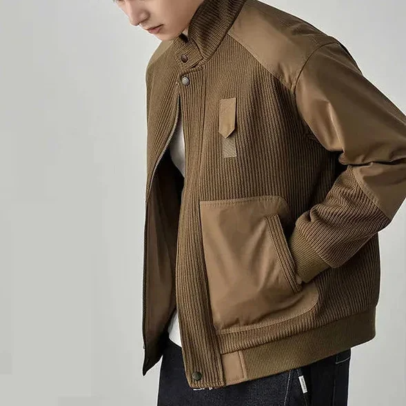 Harrington Stand Collar Men’s Patchwork Jacket – Corduroy & Woven Panel Contrast