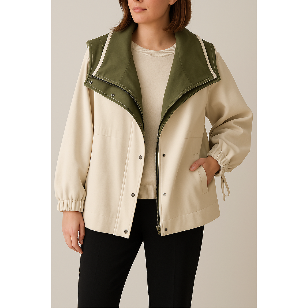Isla Patchwork Hooded Jacket – Women’s Lightweight Jacket with Turtleneck & Adjustable Fit