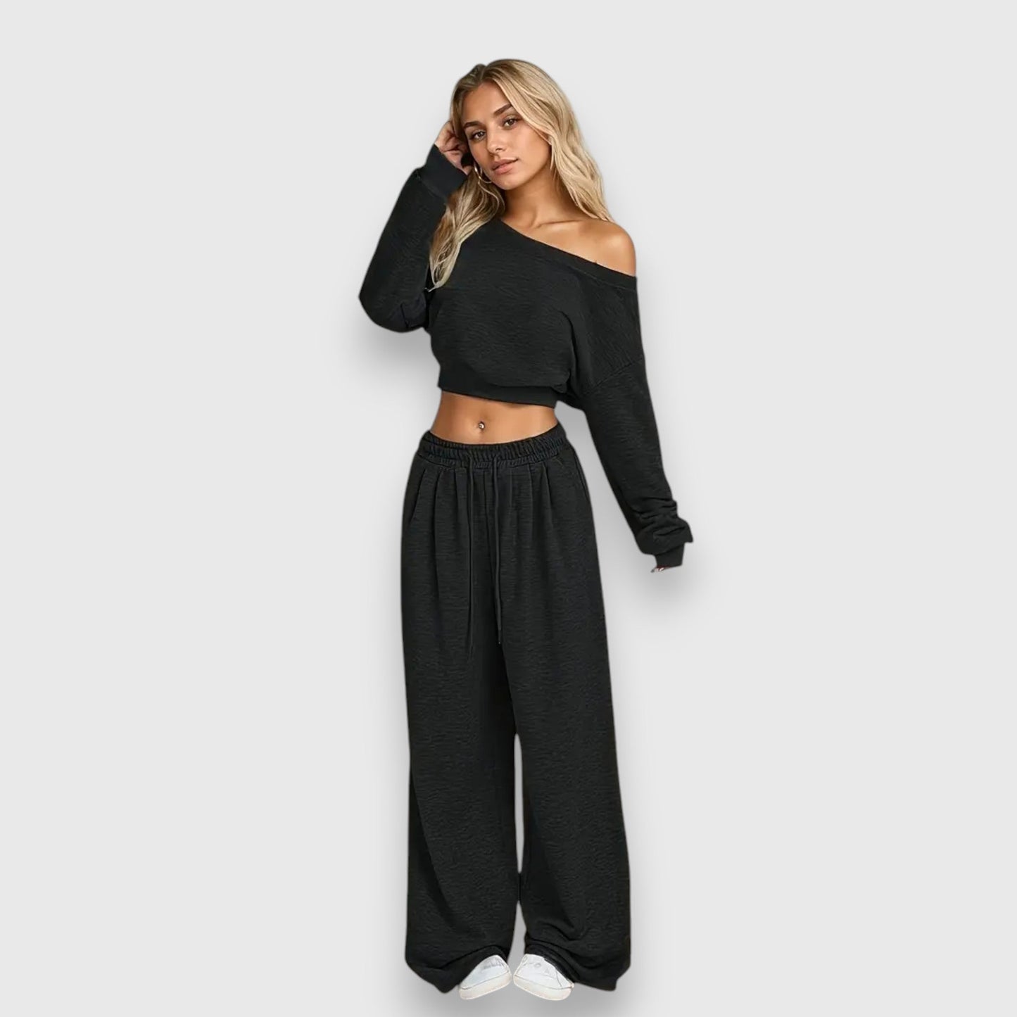 Natalie Women’s Off Shoulder Co-Ord Set – Cropped Top & Wide-Leg Pants