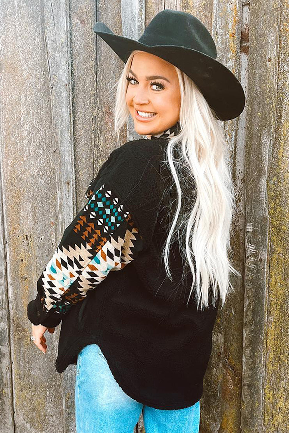 Black Fleece Shacket with Aztec Print - Trendy and Comfortable