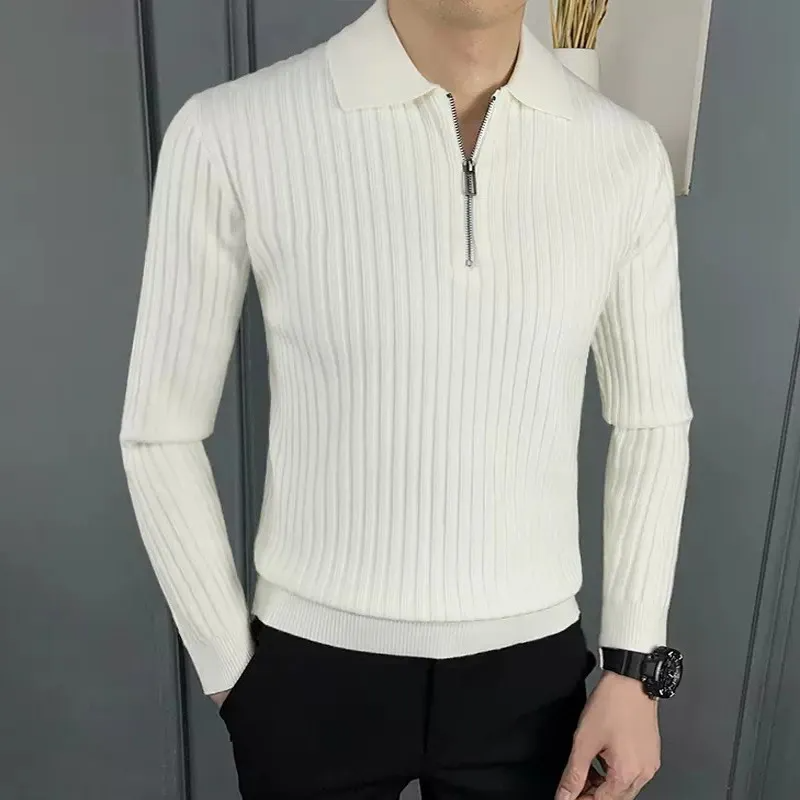 Isaac Men’s Polo Sweater – Fine Ribbed Knit with Quarter Zip Collar
