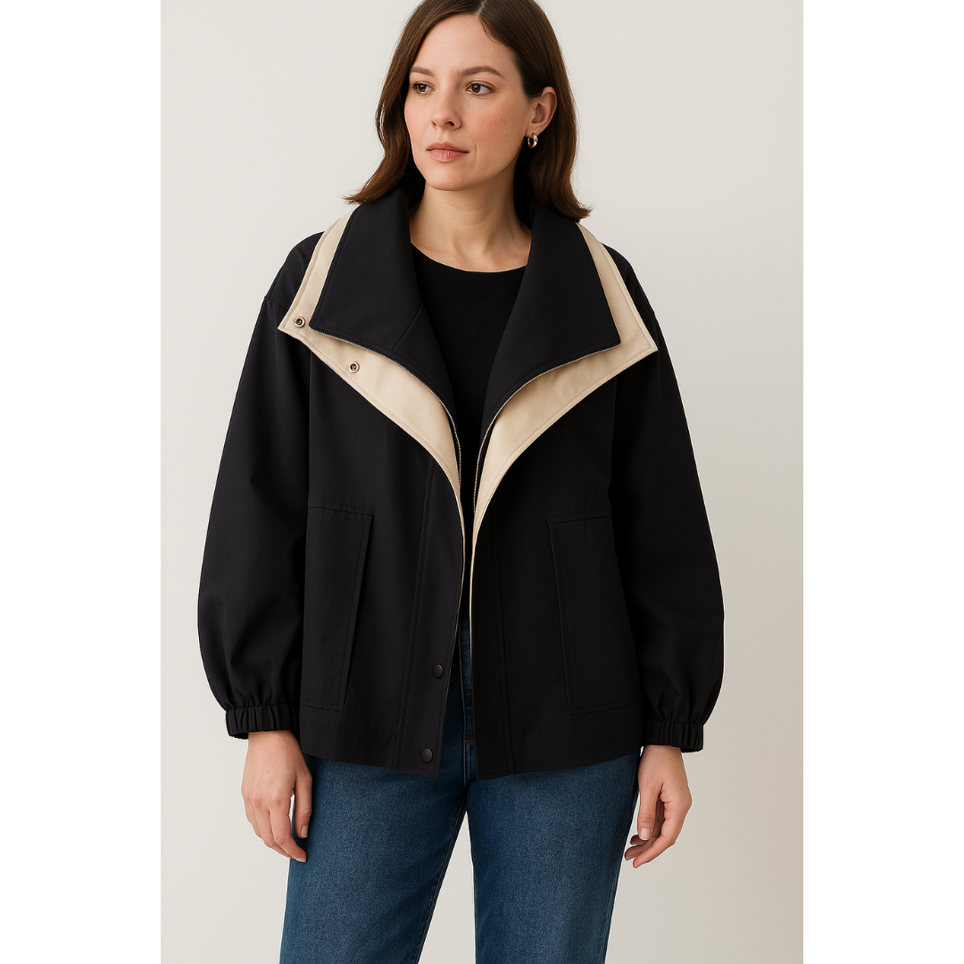 Isla Patchwork Hooded Jacket – Women’s Lightweight Jacket with Turtleneck & Adjustable Fit
