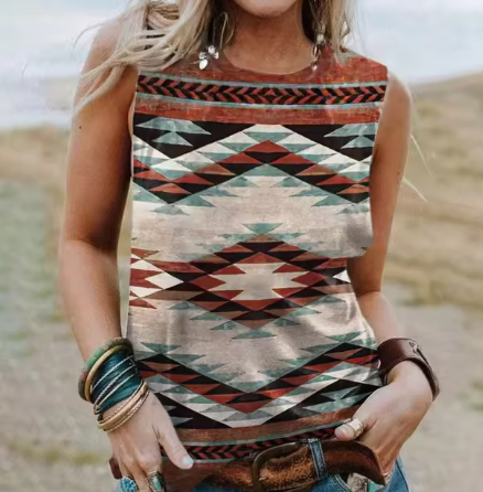 3D Geometric Tank Top in Western Ethnic Design