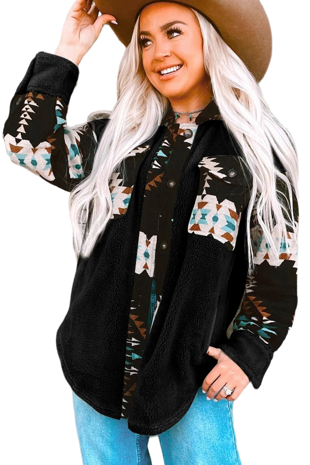 Black Fleece Shacket with Aztec Print - Trendy and Comfortable