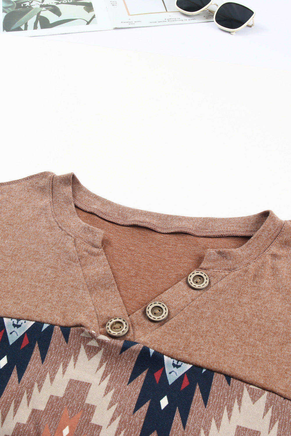 Stylish Brown V-Neck Western Top with Aztec Print