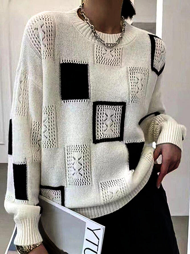 Isla Women’s Knit Sweater – Monochrome Patch Design with Relaxed Fit