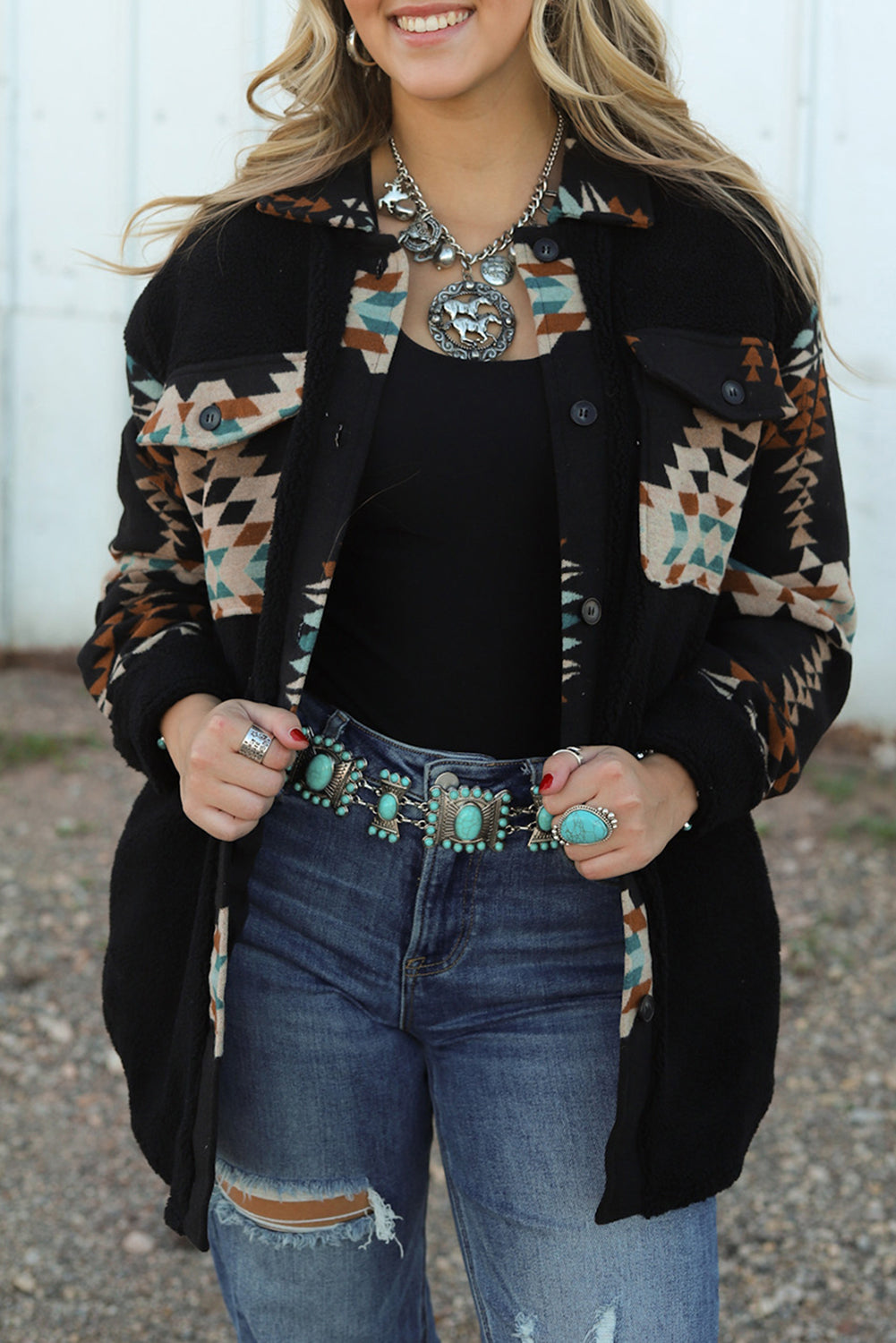Black Fleece Shacket with Aztec Print - Trendy and Comfortable