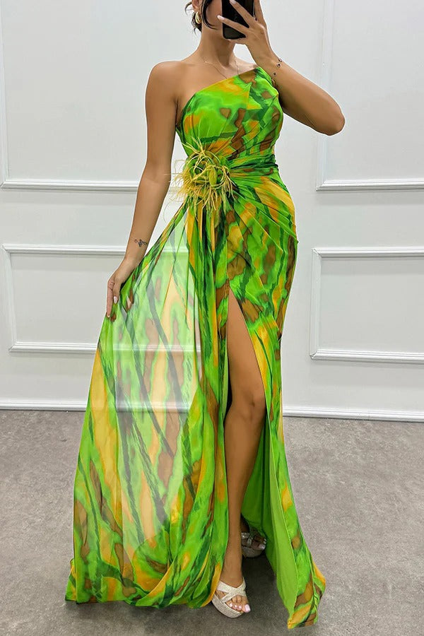 Sierra One-Shoulder Maxi Dress – Bold Print with Side Slit for Summer Events