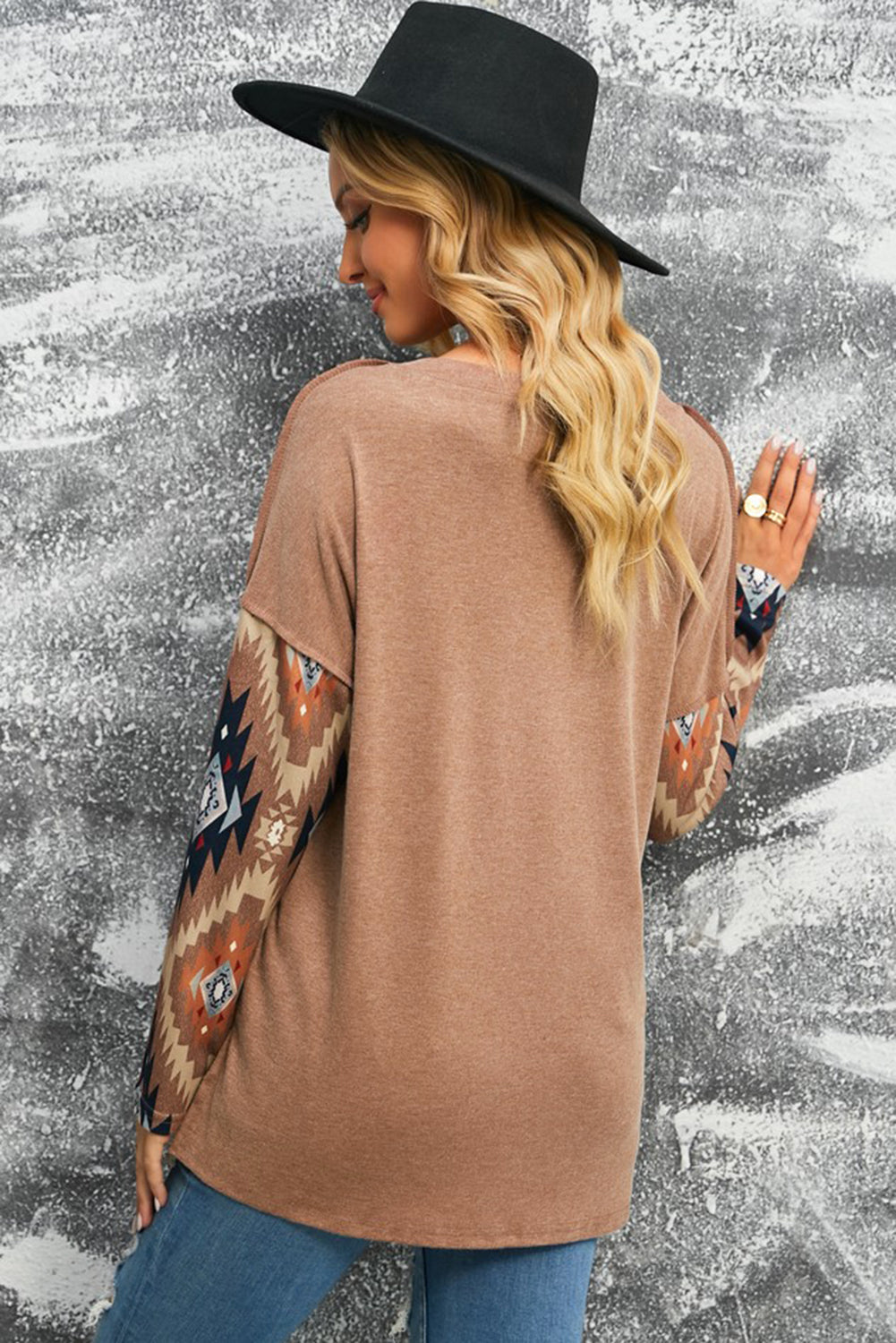 Stylish Brown V-Neck Western Top with Aztec Print