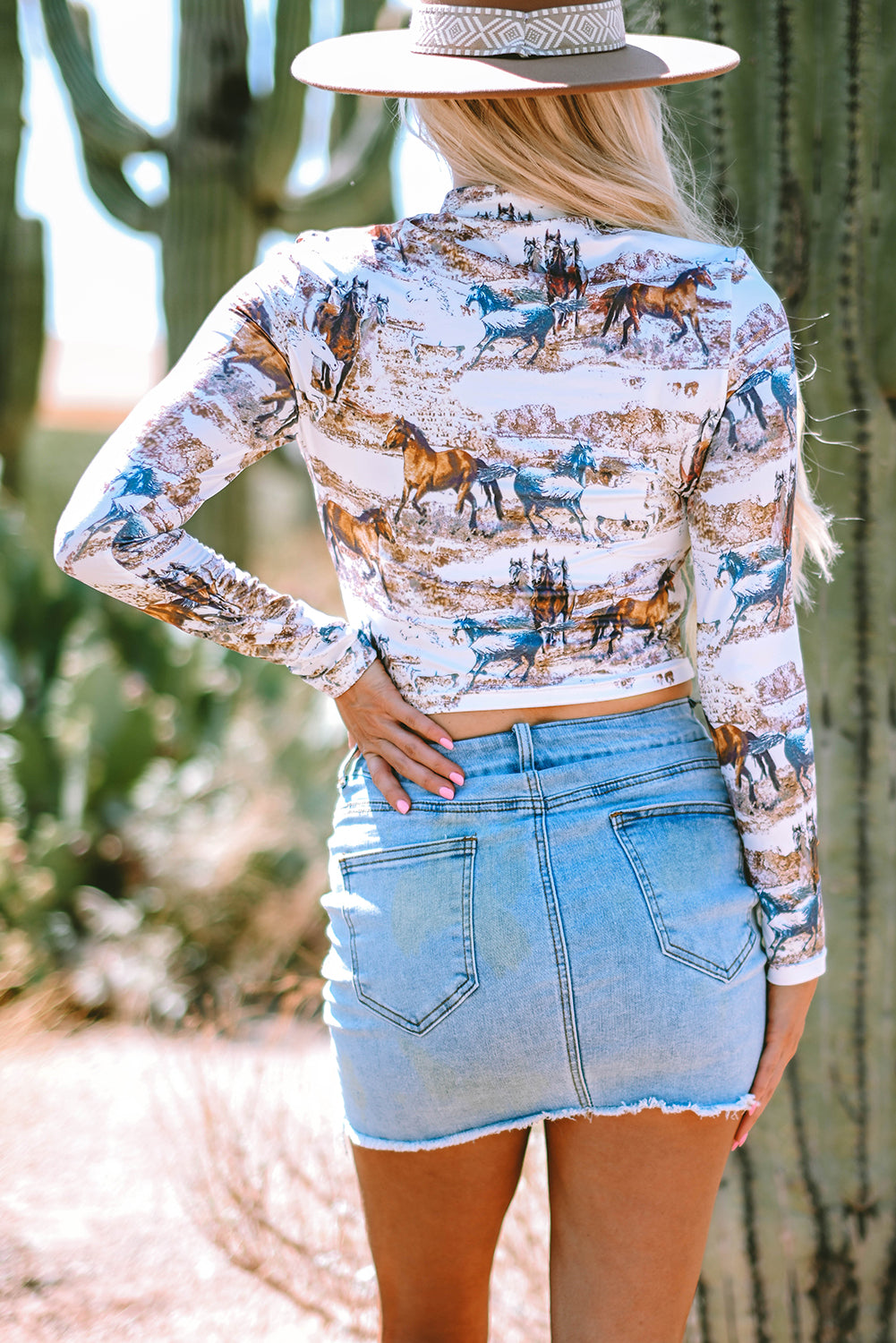 Stylish Brown High Neck Top with Western Horse Print