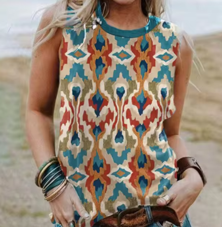 3D Geometric Tank Top in Western Ethnic Design