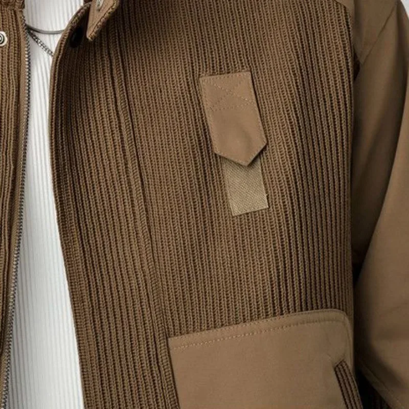 Harrington Stand Collar Men’s Patchwork Jacket – Corduroy & Woven Panel Contrast