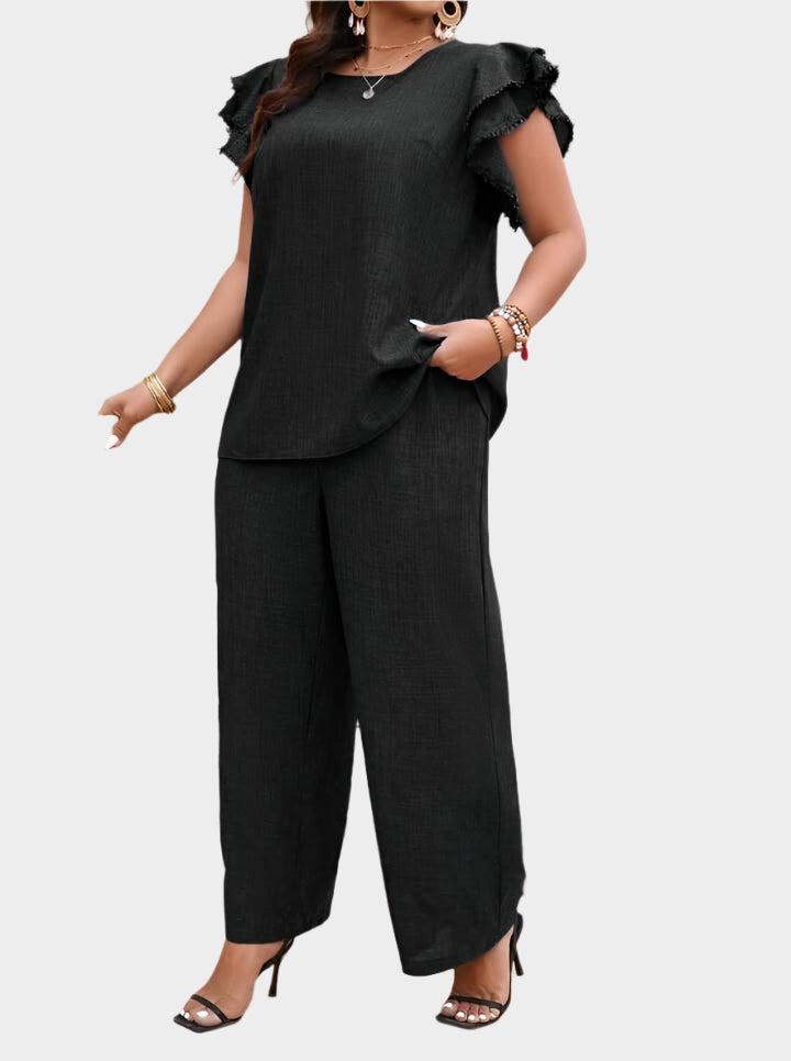Freya Women’s Linen Lounge Set – Wide-Leg Trousers & Ruffle Sleeve Blouse