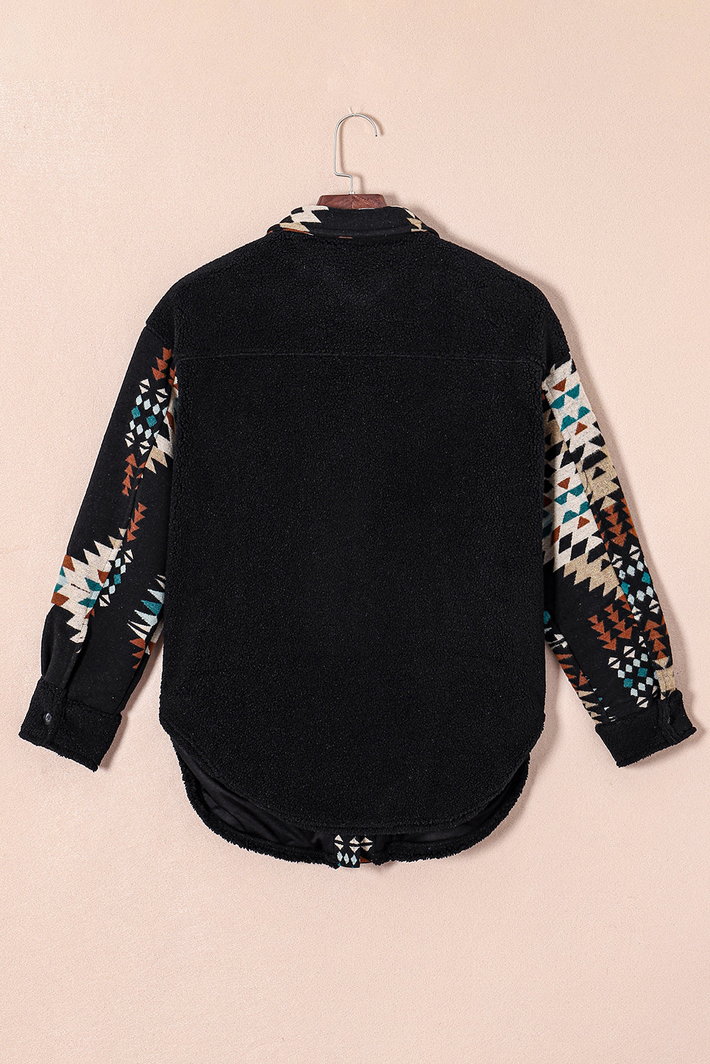 Black Fleece Shacket with Aztec Print - Trendy and Comfortable