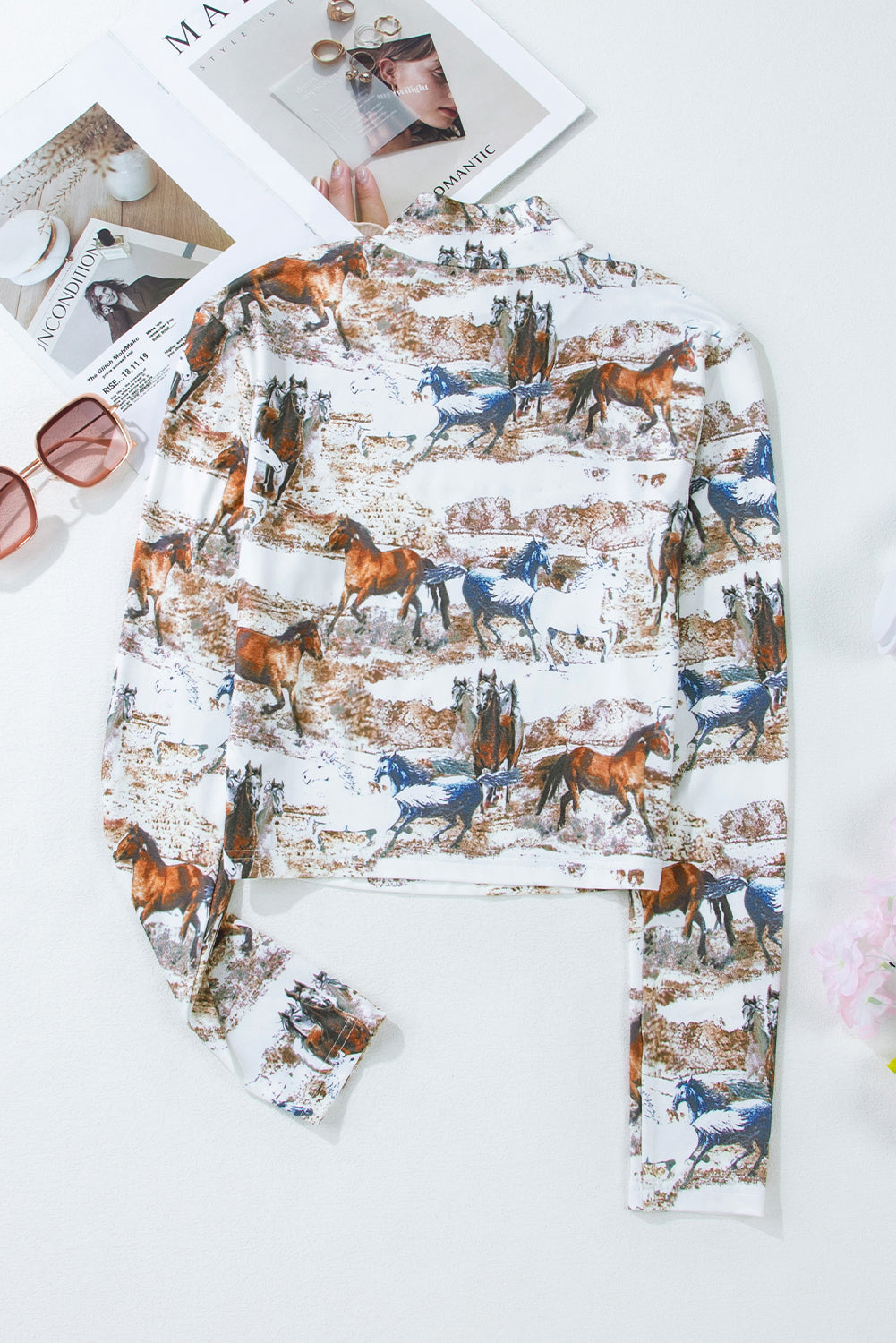 Stylish Brown High Neck Top with Western Horse Print