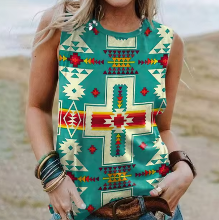 3D Geometric Tank Top in Western Ethnic Design