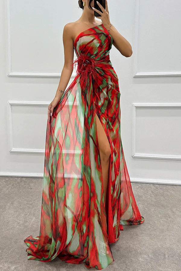 Sierra One-Shoulder Maxi Dress – Bold Print with Side Slit for Summer Events