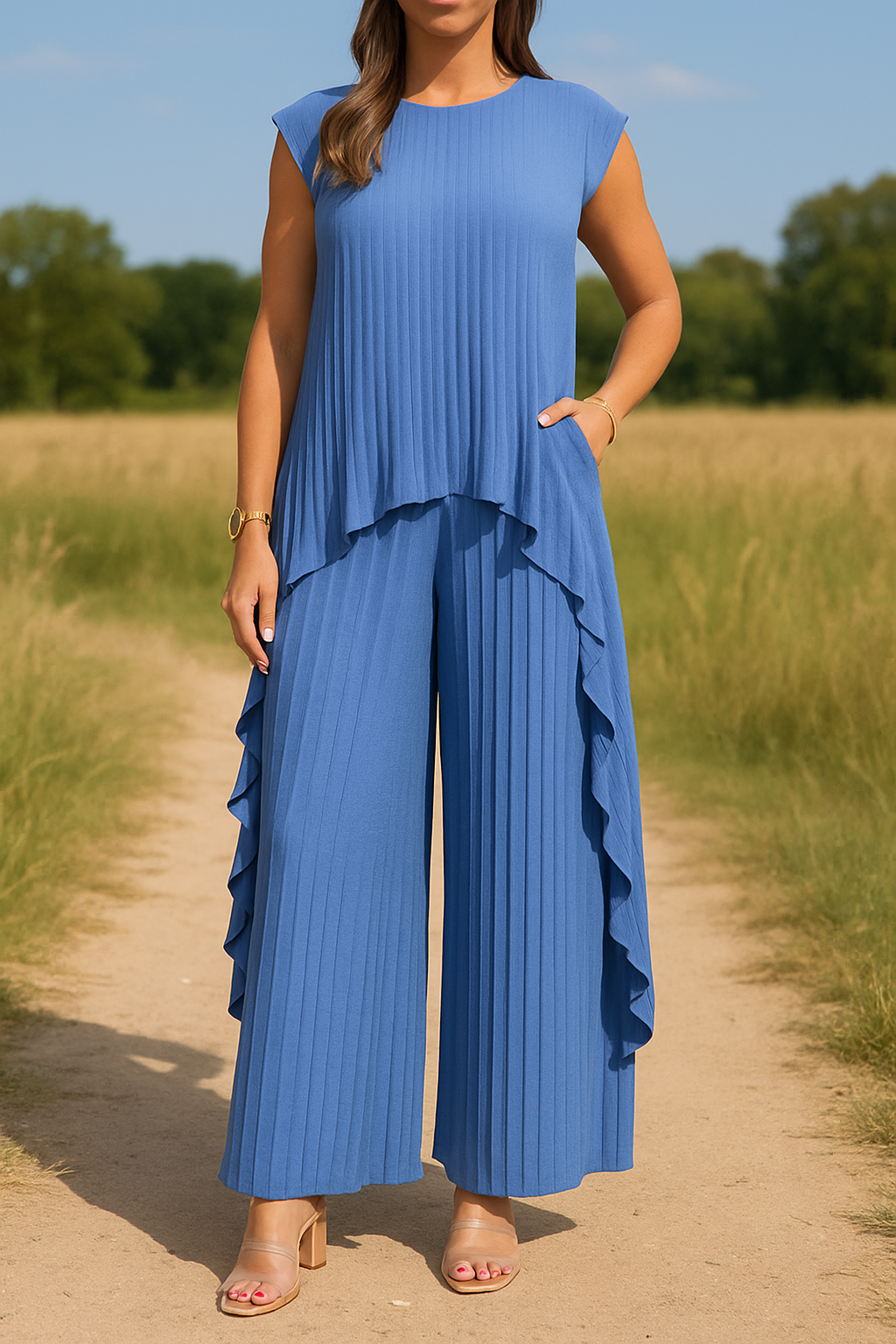 Alina Lounge Set – Irregular Pleated Top & Wide-Leg Pants in Soft Drape Fabric