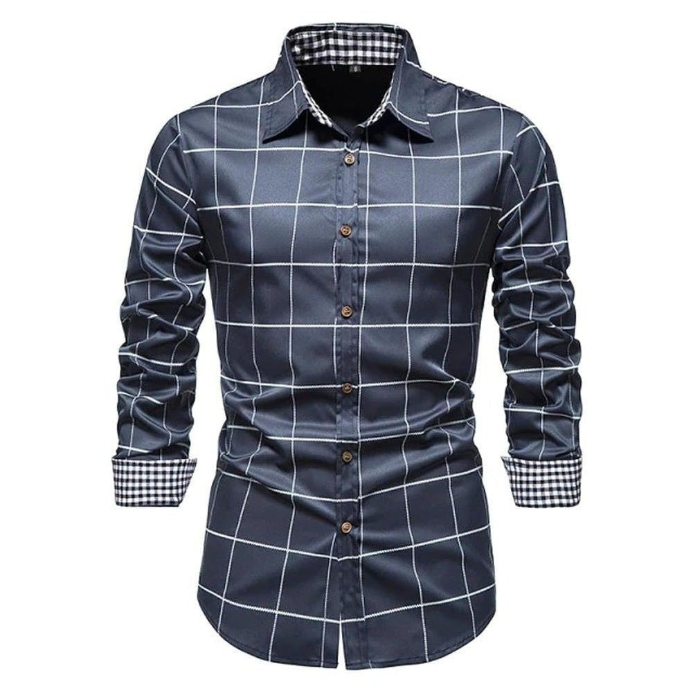 Drillon Men’s Plaid Shirt – Breathable Smart-Casual Long Sleeve with Contrast Cuffs